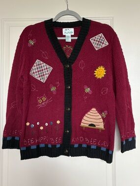 Quacker Factory Vintage 90s Bee Happy Bee Kind Knit Patchwork Cardigan Sweater